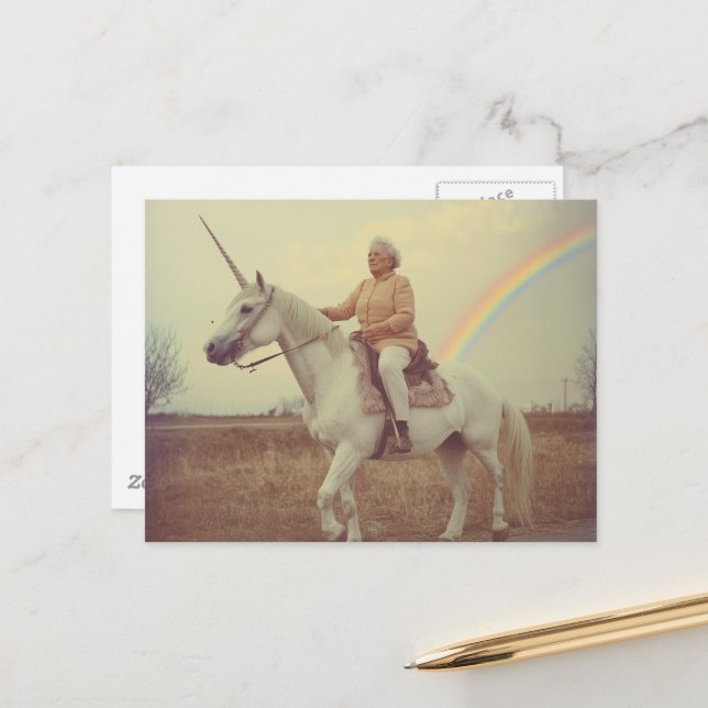 Elderly Woman Riding a Unicorn Postcard (Front/Back In Situ)