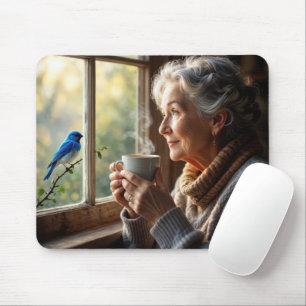 Elderly Woman Watching a Bluebird Mouse Pad
