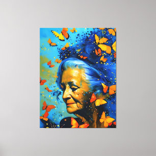 Elderly Woman With Butterflies Canvas Print