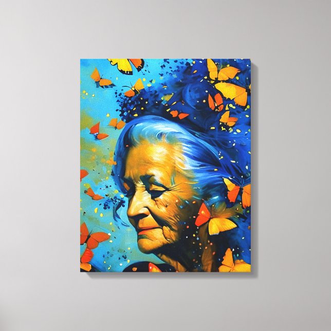 Elderly Woman With Butterflies Canvas Print (Front)