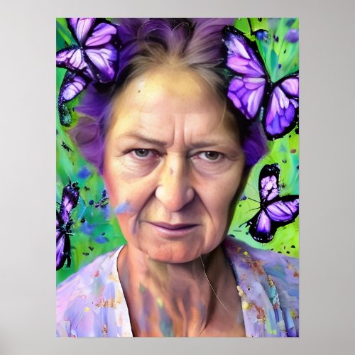 Elderly Woman With Butterflies Green Background Poster
