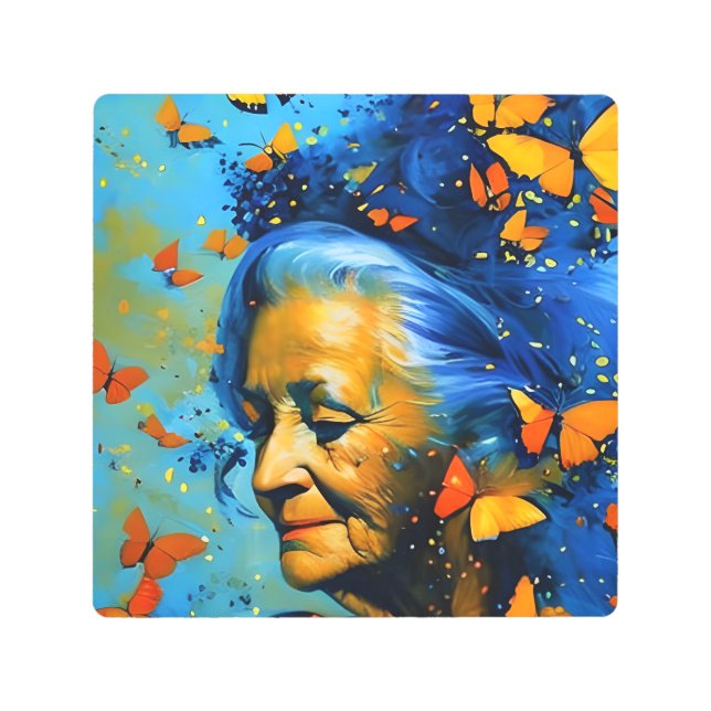 Elderly Woman With Butterflies Metal Print (Front)