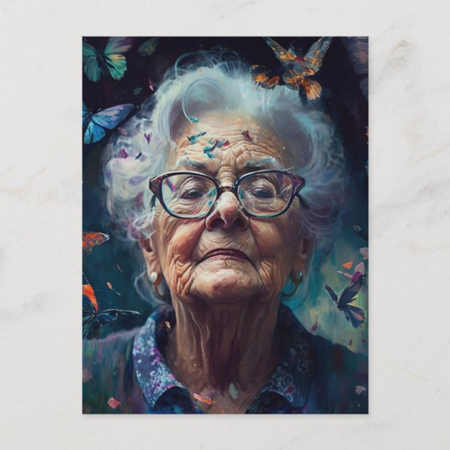 Elderly Woman With Butterflies Postcard (Front)