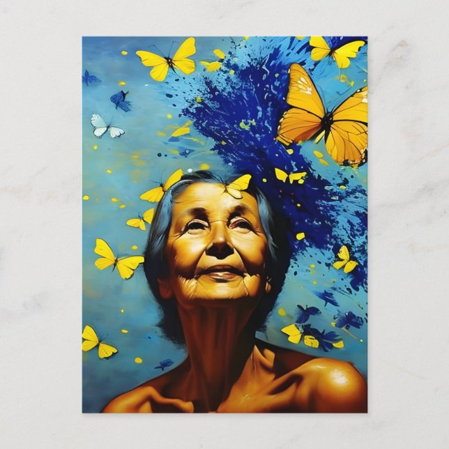 Elderly Woman With Butterflies Postcard (Front)