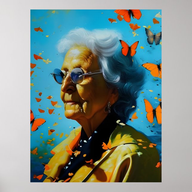 Elderly Woman With Butterflies Poster (Front)