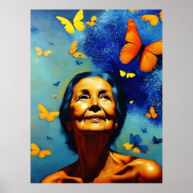 Elderly Woman With Butterflies Poster (Front)