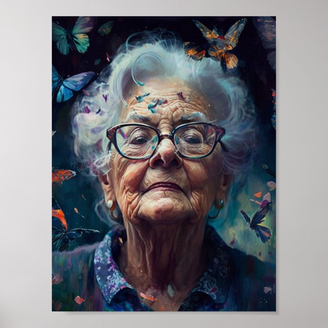 Elderly Woman With Butterflies Poster (Front)