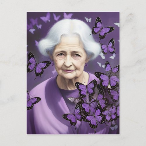 Elderly Woman With Purple Butterflies Postcard