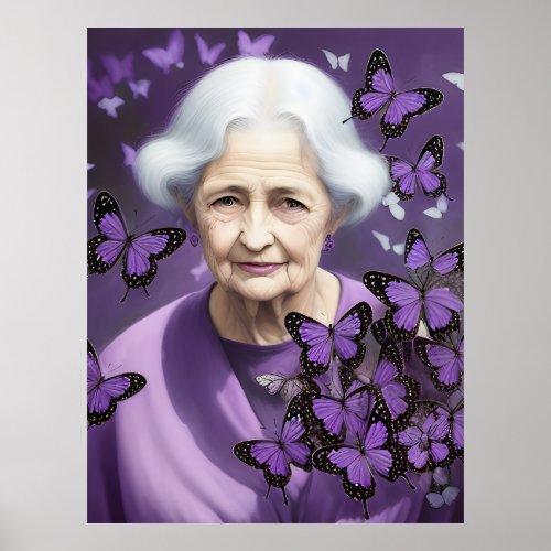 Elderly Woman With Purple Butterflies Poster