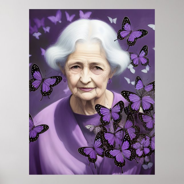 Elderly Woman With Purple Butterflies Poster (Front)
