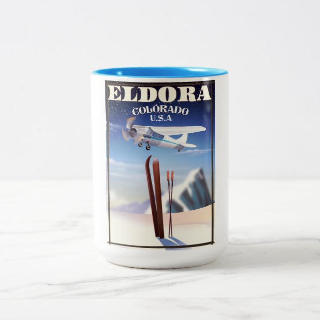Eldora Colorado travel poster. Two-Tone Coffee Mug (Center)