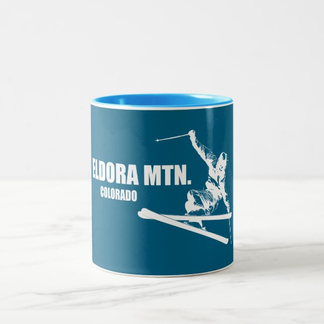 Eldora Mountain Colorado Skier Two-Tone Coffee Mug (Center)