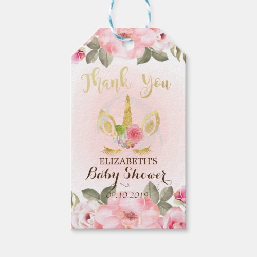 Eleagant Glitter Unicorn Floral Baby Shower Gift Tags