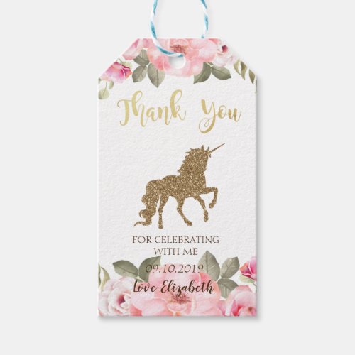 Eleagant Gold Glitter Unicorn Floral Baby Shower Gift Tags