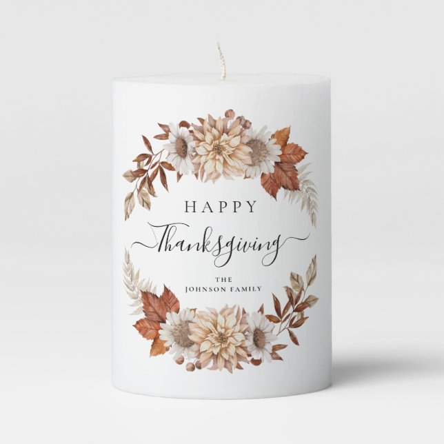 Eleagnt Fall Leaves Happy Thanksgiving Pillar Candle (Front)