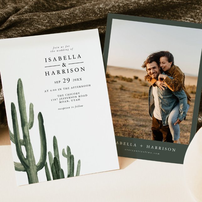 ELEANOR Modern Bohemian Green Cactus Photo Wedding Invitation (Creator Uploaded)