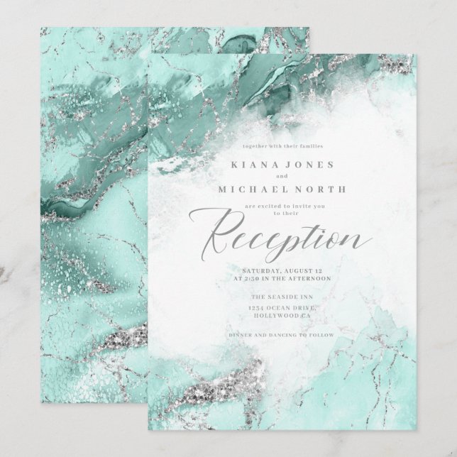 Eleanor Rogers Marble Glitter Receptio Teal  ID644 Invitation (Front/Back)