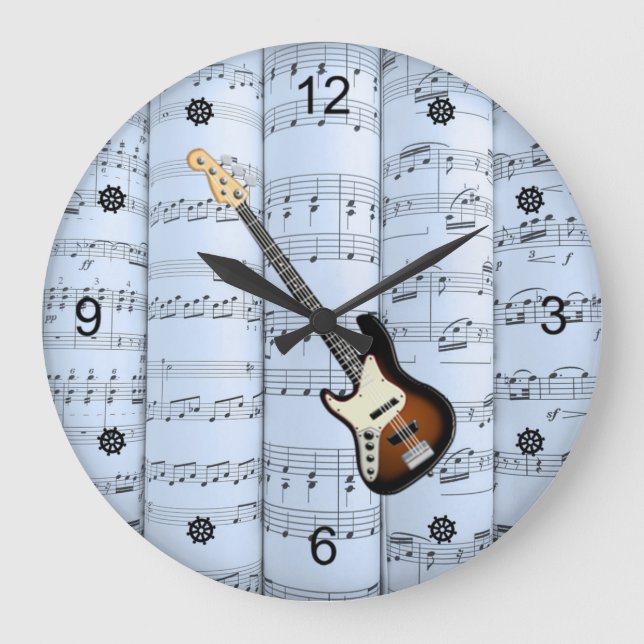 Elec Guitar ~ Rolled Sheet Music ~ Blue Tint Back~ Large Clock (Front)