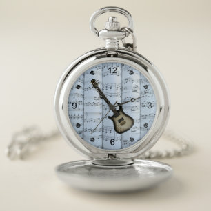 Elec Guitar~Rolled Sheet Music~Blue Tint Back ~ Pocket Watch