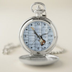 Elec Guitar ~ Rolled Sheet Music ~ Blue Tint Back~ Pocket Watch