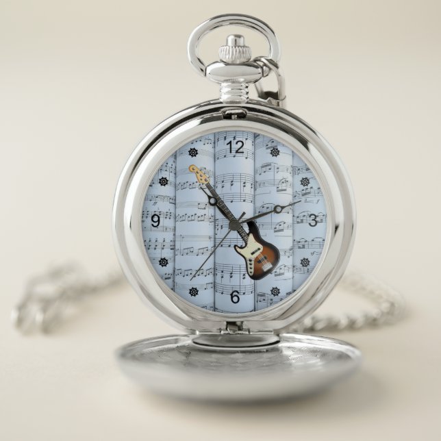 Elec Guitar ~ Rolled Sheet Music ~ Blue Tint Back~ Pocket Watch (Inside)