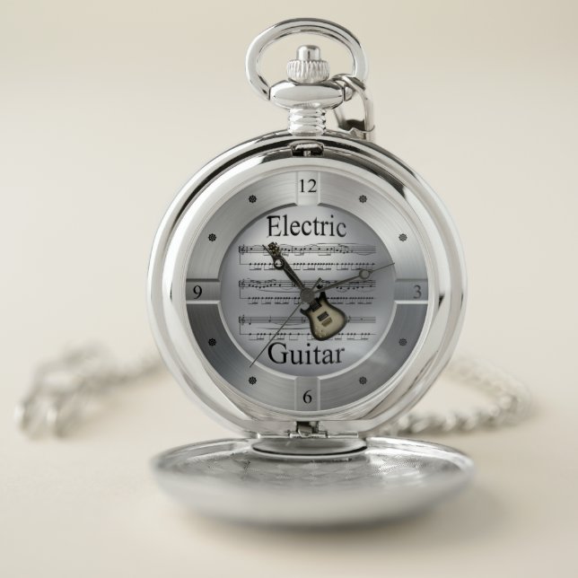 Elec Guitar~Sheet Music~Brushed Silver Color~ Pocket Watch (Inside)