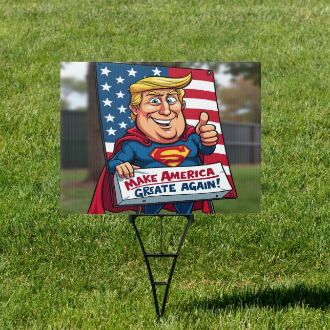 Election yard sign featuring superhero caricature (Insitu)