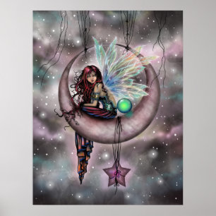Electra Fae Fairy on Moon Fantasy Artwork Poster