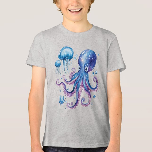 Electric Abyss Octopus & Glowing Jellyfish Tri-Blend Shirt (Front)