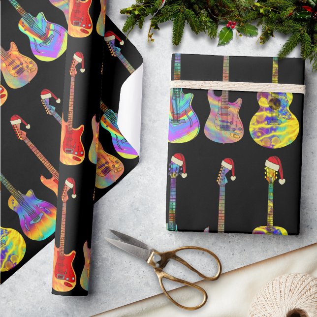 Electric Acoustic Guitars Colorful Christmas  Wrapping Paper (Christmas guitars wearing santa hats pattern black holiday wrapping paper for guitarist musicians )