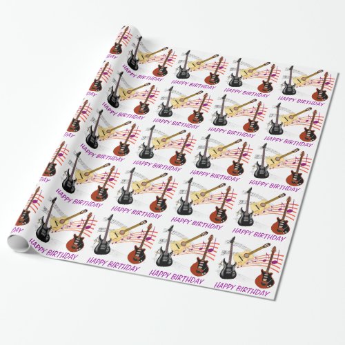 Electric and Acoustic Guitars Music Notes Birthday Wrapping Paper