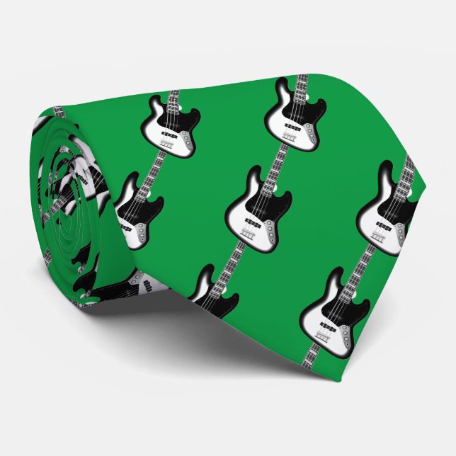 Electric Base Guitar Pattern Black / White w Green Neck Tie (Rolled)