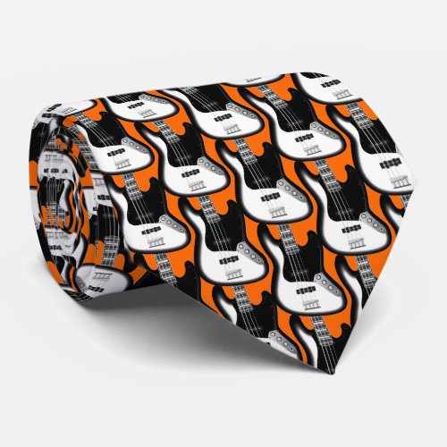 Electric Base Guitar Pattern in Black and White Neck Tie