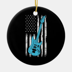 Electric Bass Guitar Player American Flag Ceramic Ornament