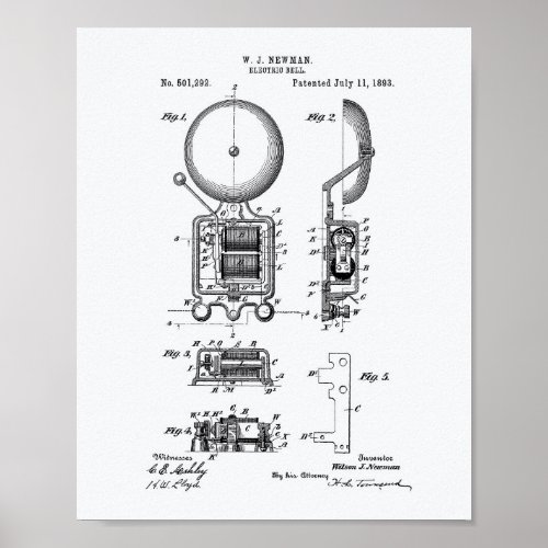 Electric Bell 1893 Patent Art _ White Paper Poster