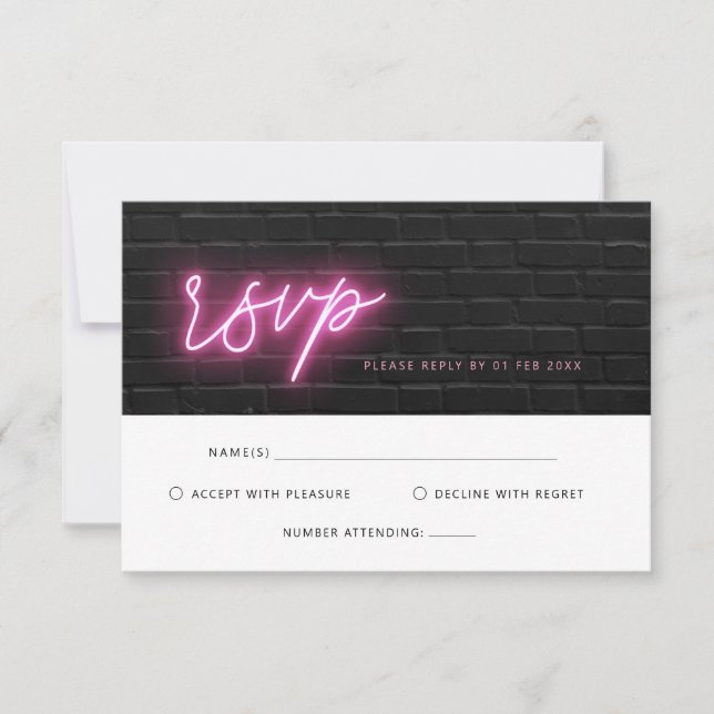 Electric Black and Pink Neon Glow Light RSVP card (Front)