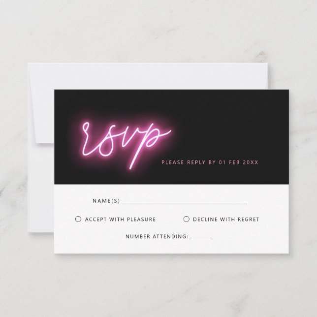 Electric Black and Pink Neon Glow RSVP Reply Card (Front)