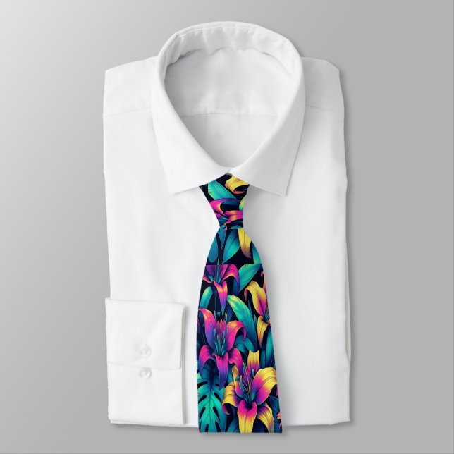 Electric Blooms in Neon Floral Symphony Neck Tie (Tied)