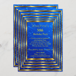 Electric Blue 50th Birthday Party Gold Invitation