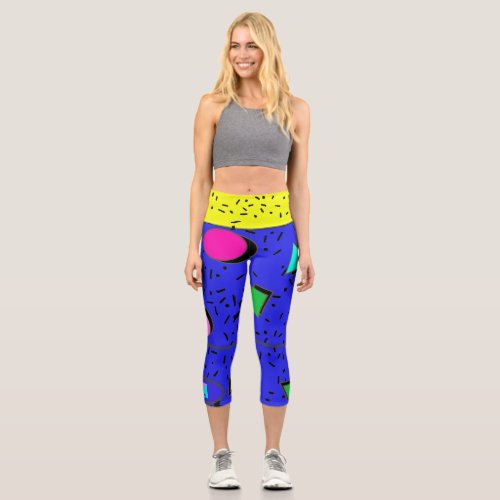 Electric Blue 80s Memphis Abstract Style Retro Capri Leggings