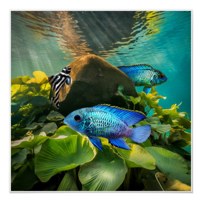 Electric Blue Acara Cichlids Zebra Pleco Fish Art Poster (Front)