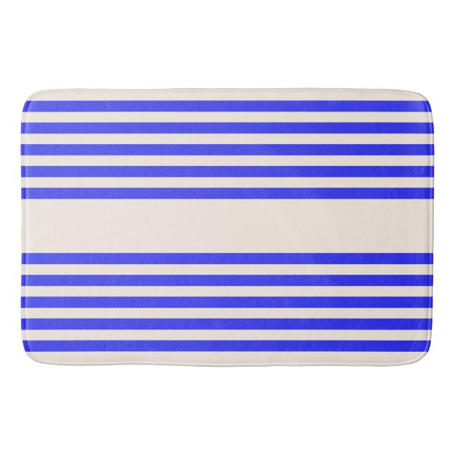 Electric blue and beige five stripe pattern bath mat (Front)