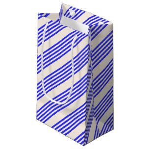Electric blue and beige five stripe pattern small gift bag