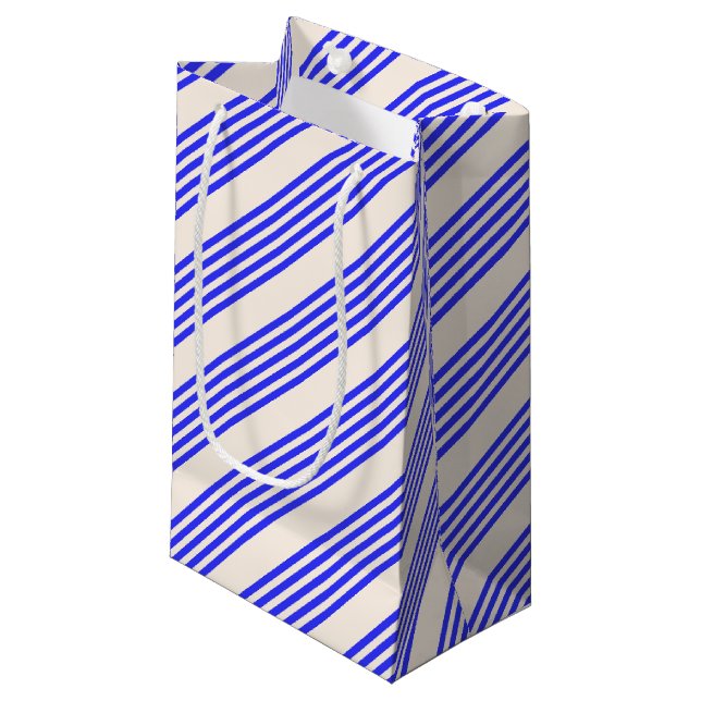 Electric blue and beige five stripe pattern small gift bag (Front Angled)