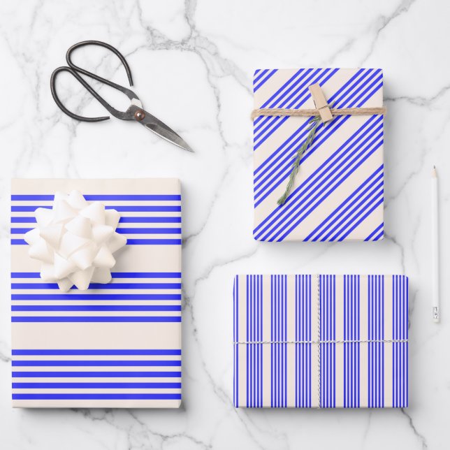 Electric blue and beige five stripe pattern wrapping paper sheets (Front)