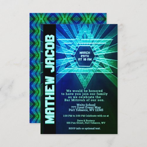 Electric Blue and Green Bar Mitzvah Invitation