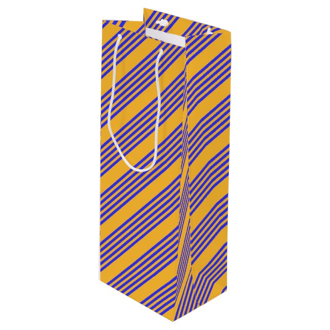 Electric blue and yellow five stripes pattern wine gift bag (Front Angled)