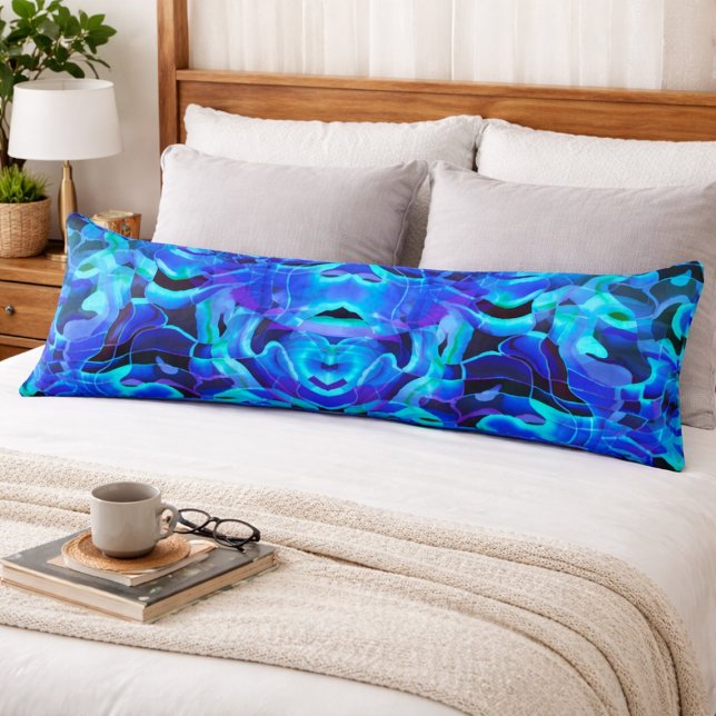 Electric Blue Aqua Abstract Wave Symmetry Pattern Body Pillow (Creator Uploaded)