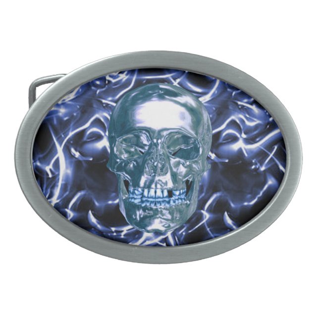Electric Blue Chrome Skull Belt Buckle (Front)