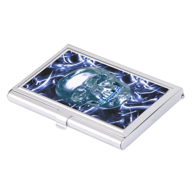 Electric Blue Chrome Skull Business Card Holder (Front)